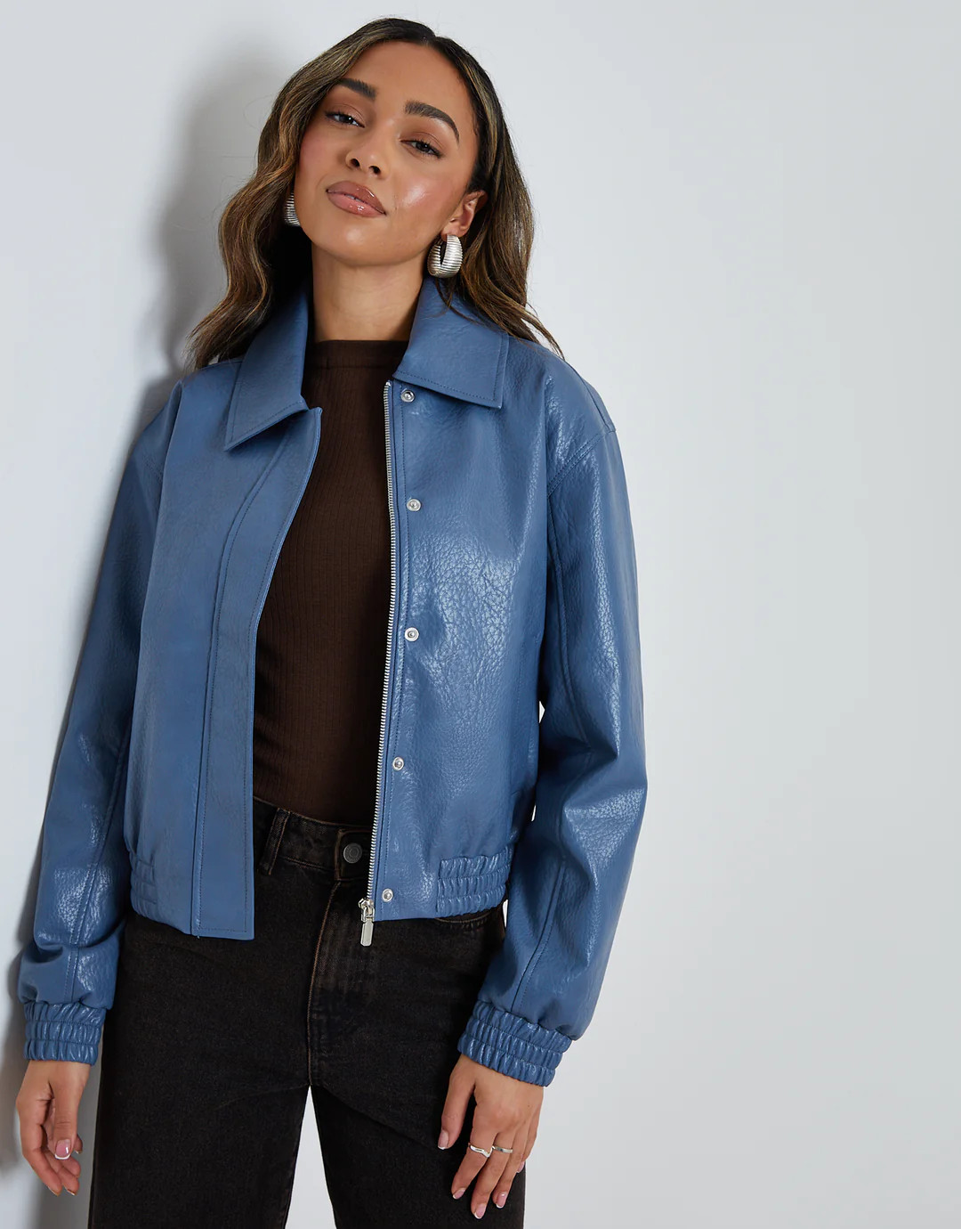 Faux Leather Bomber Jacket with Collar in Blue | Threadbare UK