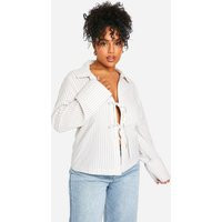 Womens Plus Linen Look Stripe Tie Front Shirt - Beige - 14 | boohoo (US & Canada)