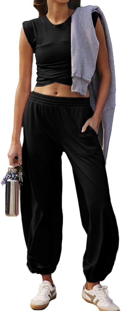 Glamaker Women's Two Piece Athletic Sets Casual Workout Sleeveless Cropped Tops High Sweatpants J... | Amazon (US)
