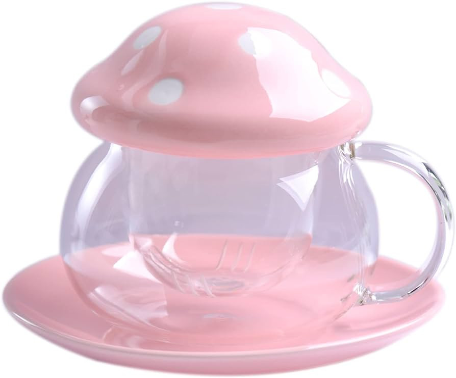 Hyltd Mushroom Tea Cup Mushroom Mug, Glass Mushroom Tea Mug with Filter Lid Coaster 9.6 Ounces Pi... | Amazon (US)