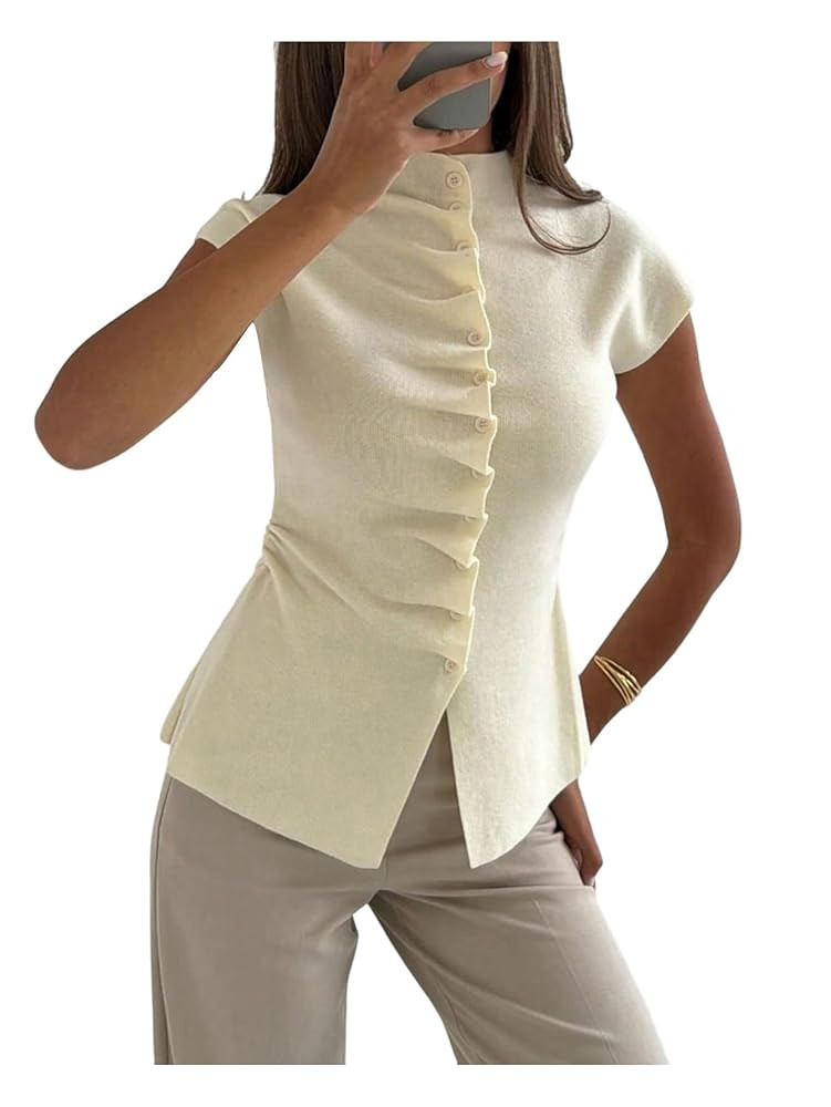 Milumia Women's Ruched Button Down Sweater Tops Mock Neck Short Cap Sleeve Lightweight Knit Top | Amazon (US)