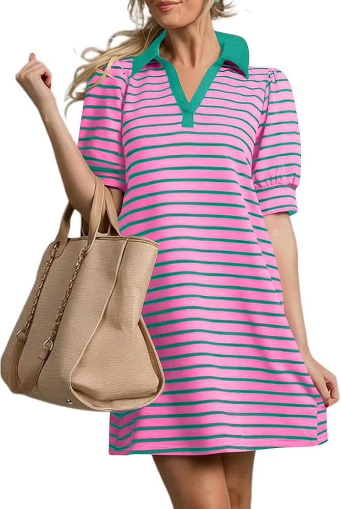 Women's 2025 Polo Striped Summer Dress with Pockets Beach Casual Lapel V Neck Puffy Sleeves Casua... | Amazon (US)