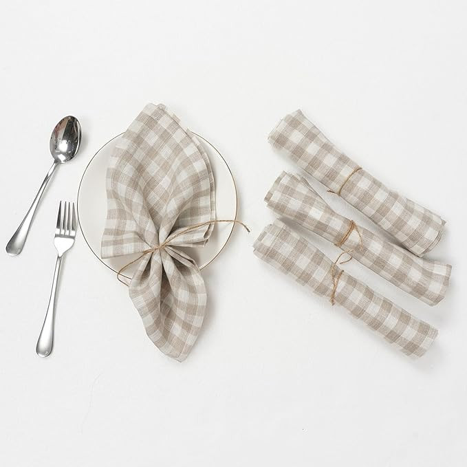 100% Pure Linen Napkins Set of 4 - Check Linen Dinner Napkins Cloth Washable 20 x 20 Inch for Hom... | Amazon (US)