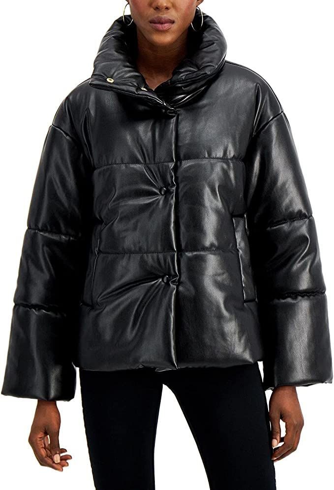 INC Women's Jacket Large Faux-Leather Puffer Coat Snap-Front Black L | Amazon (US)