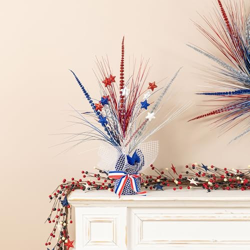 Glitzhome 21" H Patriotic Table Tree 4 of July Tabletop Centerpiece Artificial Stars and Heather Floral Decoration for Memorial Day Home Office Table Shelf | Amazon (US)