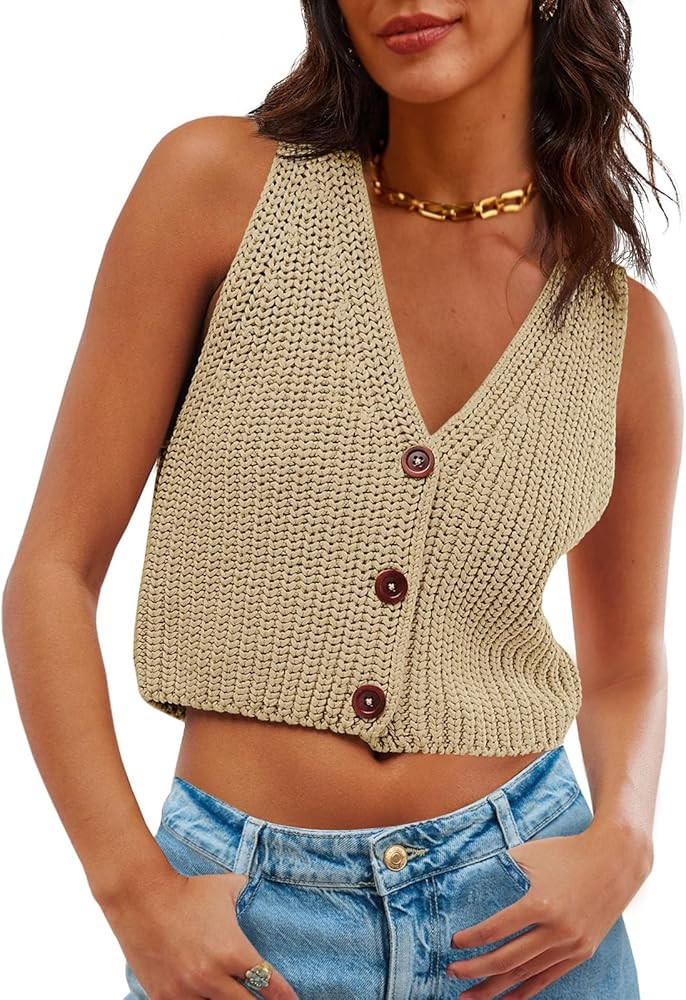 Saodimallsu Womens Cropped Sweater Vest V Neck Button Down Y2k Crop Knit Summer Trendy Sleeveless... | Amazon (US)