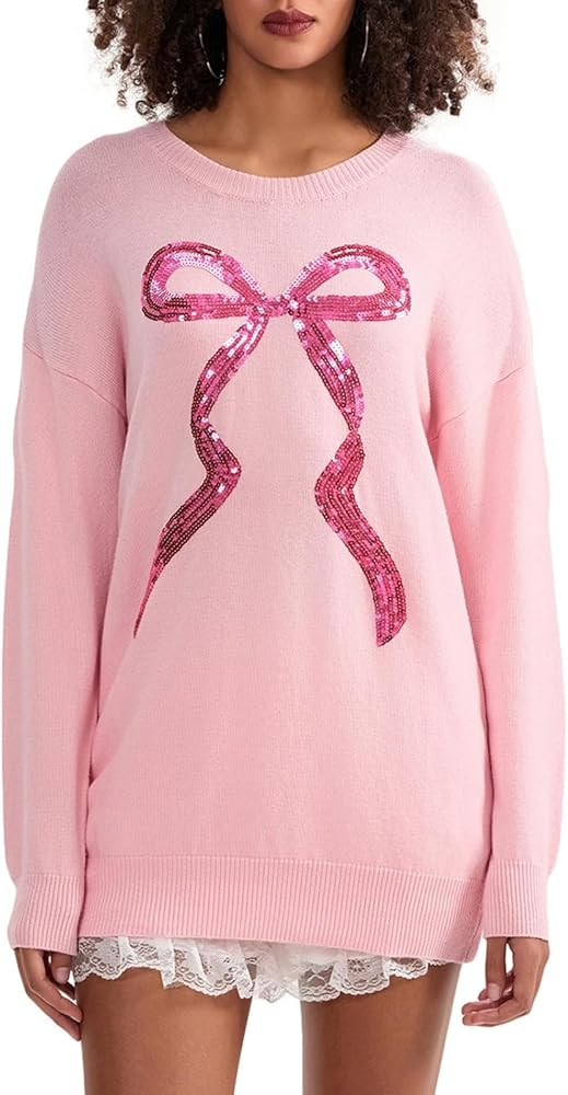 Women Cute Bow Sweater Y2k Long Sleeve Crew Neck Knit Sweaters Aesthetic Pullover Top | Amazon (US)