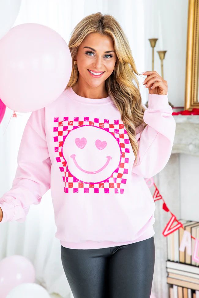 Red Checkered Distressed Smiley Light Pink Graphic Sweatshirt | Pink Lily