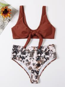 Snakeskin Knot Front Bikini Swimsuit | SHEIN