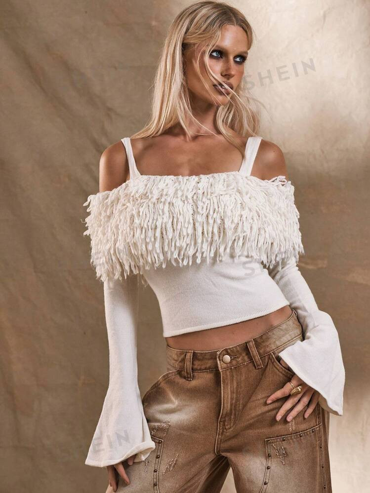 MUSERA Winter Clothes Western Bardot Fringe Flare Sleeve Sweater Thanksgiving | SHEIN