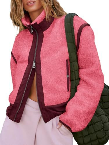 Tankaneo Womens Cropped Zip Up Fleece Jacket Stand Collar Fuzzy Sherpa Coat Winter Color Block Te... | Amazon (US)