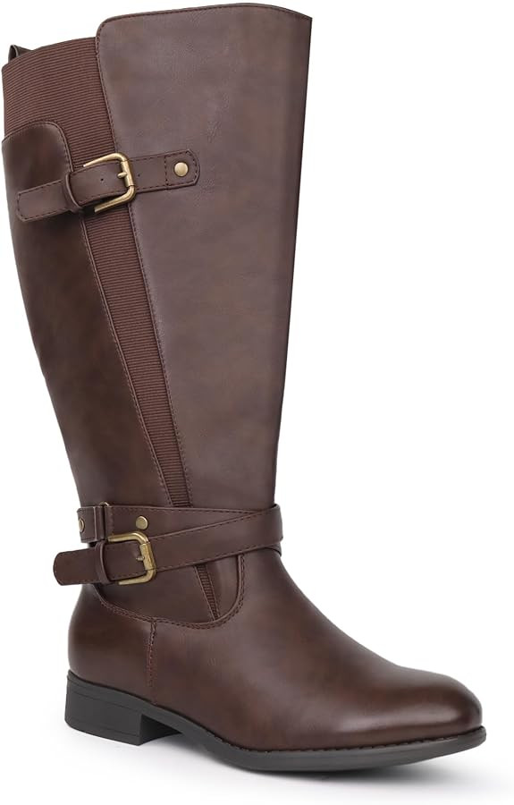 Women's Wide Calf Low Heel Ankle Strap Sleek Design Knee High Riding Boots | Amazon (US)