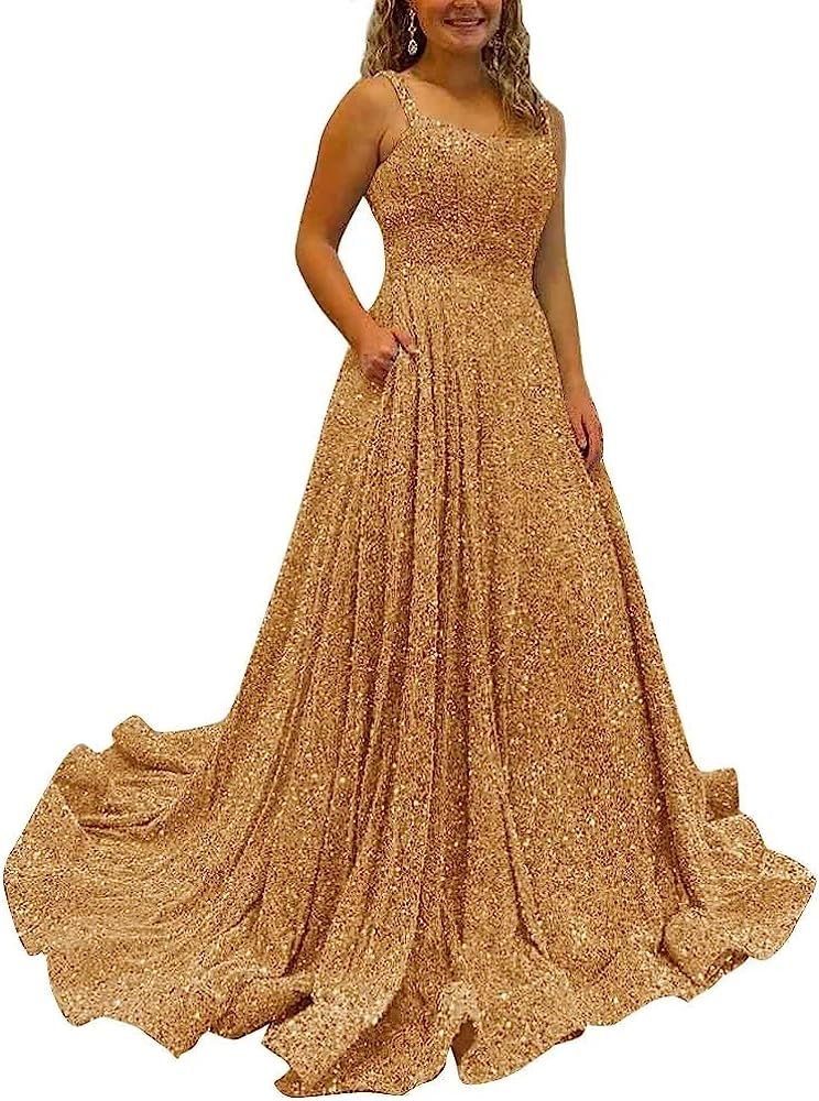 Sparkly Sequins A Line Prom Dresses Long Spaghetti Straps Party Dresses Backless Formal Evening B... | Amazon (US)