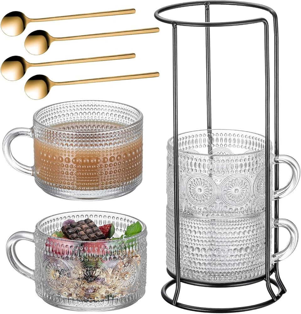 Vintage Coffee Mugs With Stand, 14 oz Stackable Coffee Cups Set of 4 Overnight Oats Containers wi... | Amazon (US)