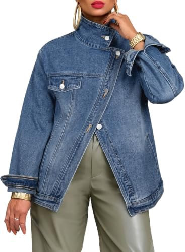SHEWIN Women's Oversized Jean Jacket Vintage Washed High Neck Denim Jacket Asymmetrical Button Do... | Amazon (US)