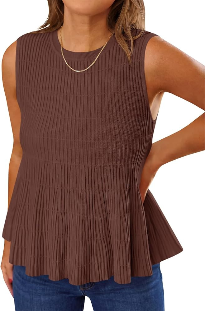 Saodimallsu Womens Peplum Ribbed Tank Tops Cute Sleeveless Knit Ruffle Crew Neck 2026 Summer Swea... | Amazon (US)