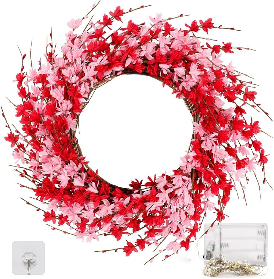 21 Inch Valentine's Day Wreath Artificial Pink Forsythia Wreath Spring Summer Fake Foam Flower Va... | Amazon (US)