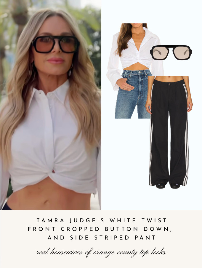 Tamra Judge's White Twist Front Cropped Button Down and Side Stripe Pants 

 