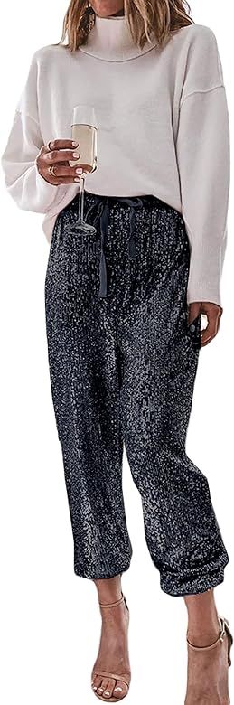 CHARTOU Women's Sparkly Sequin Elastic Waist Paper Bag Jogger Lounge Pants with Drawstring (Small... | Amazon (US)