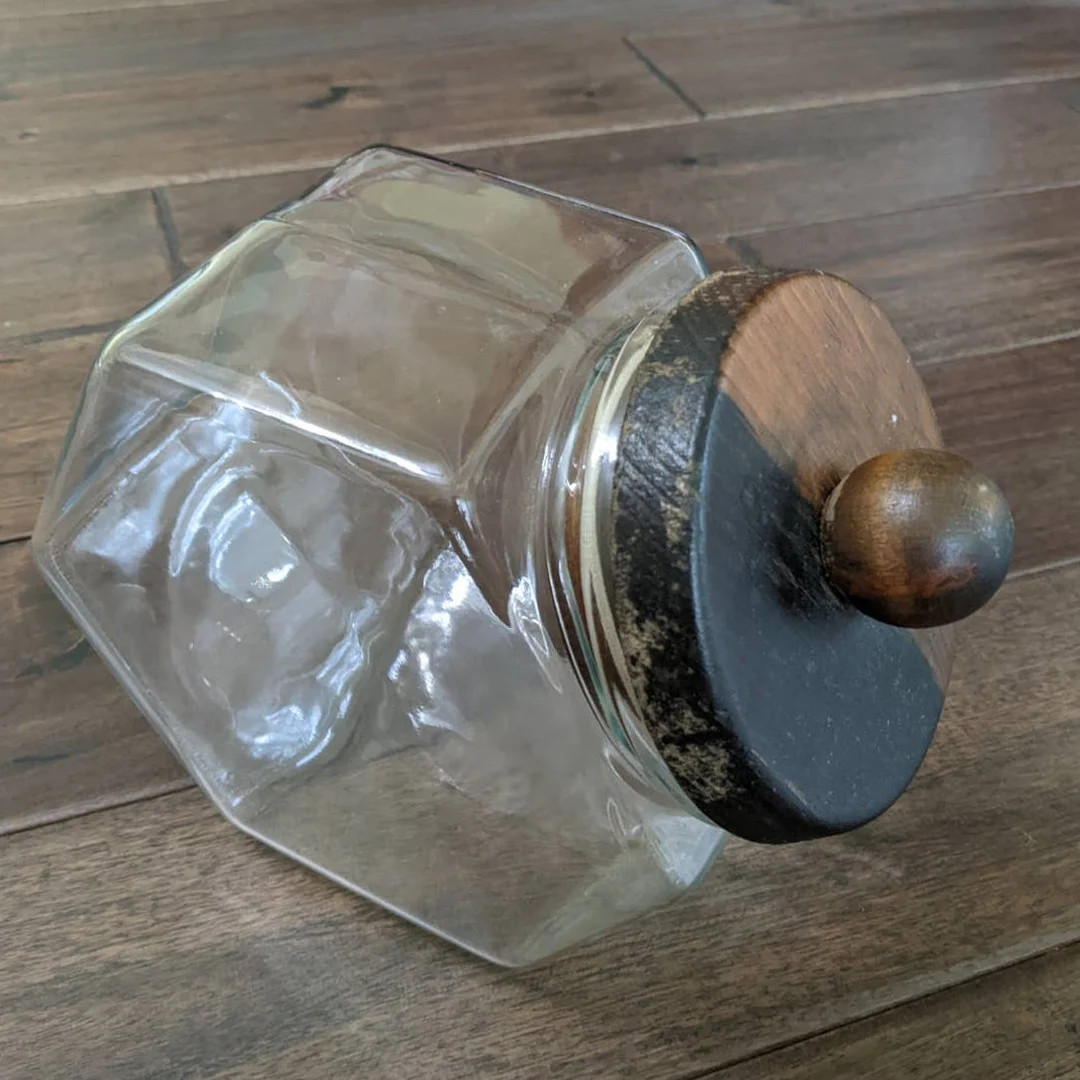 vintage hexagonal glass kitchen canister wood wooded button lid food storage | Etsy (US)