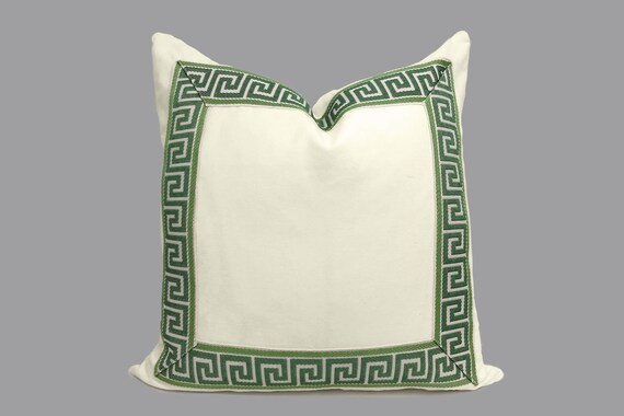 Off-white Pillow Cover With Green Greek Key Trim  Ivory | Etsy | Etsy (US)