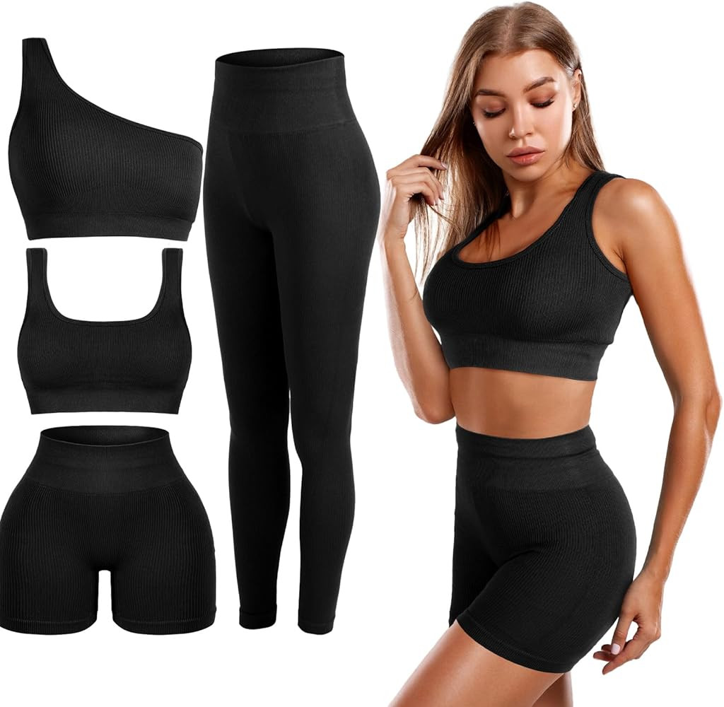 4 Pcs Women's Workout Sets Pilates Exercise Outfit Ribbed Scoop Neck Sports Bra Shorts Leggings G... | Amazon (US)