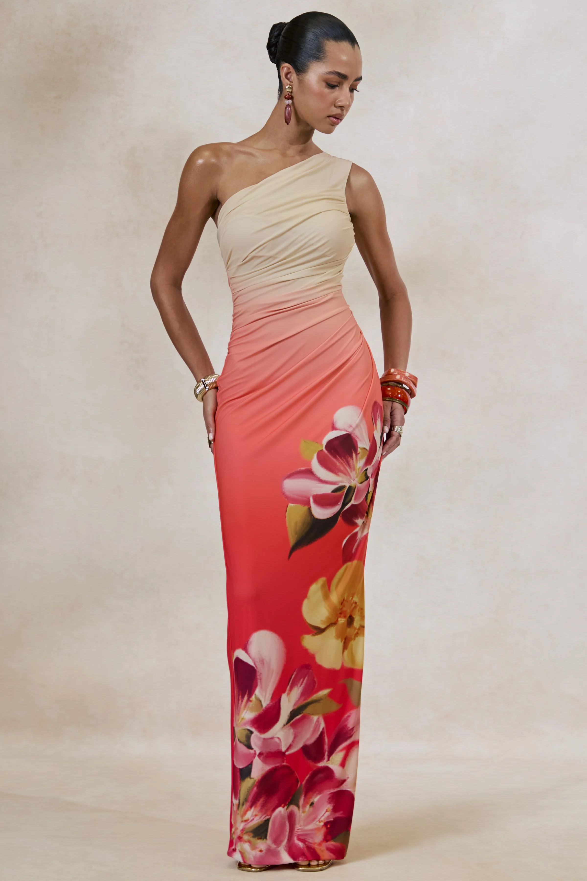 Hazel | Orange And Pink Floral Print Asymmetric-Neck Maxi Dress | Club L London