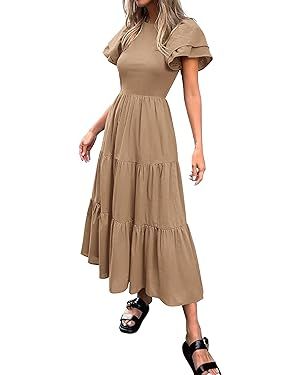 BTFBM Women Casual Summer Dresses Crewneck Flutter Puff Short Sleeve Elastic Waist Flowy Aline Ti... | Amazon (US)