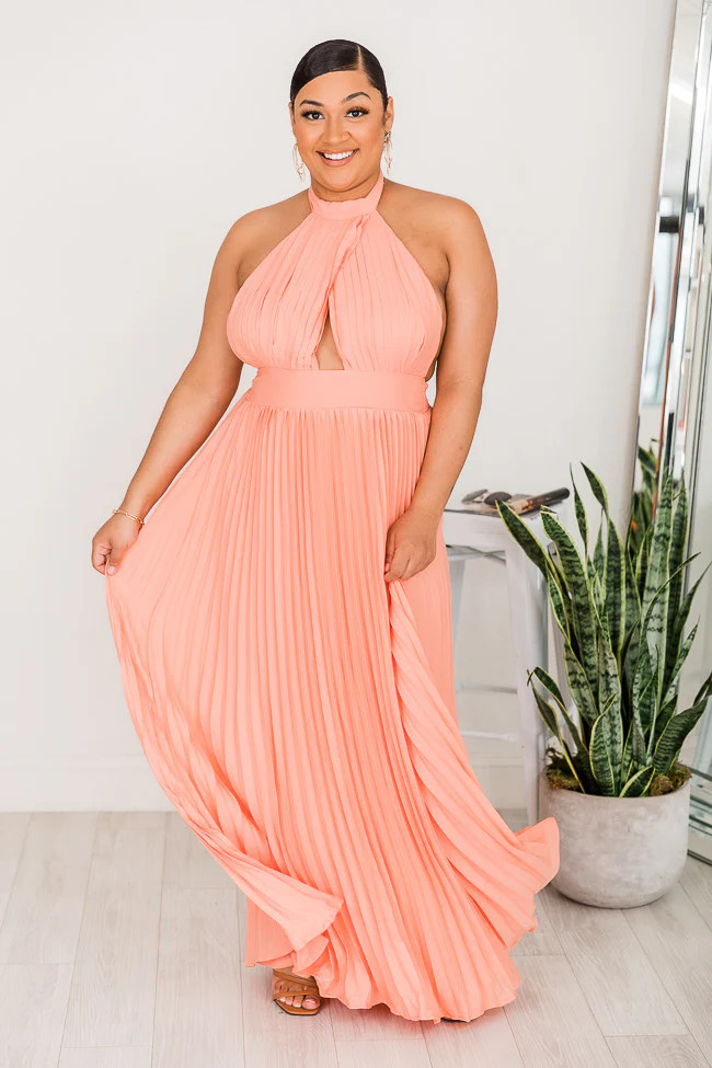 Sunny Gleam Orange Accordion Halter Maxi Dress | Pink Lily
