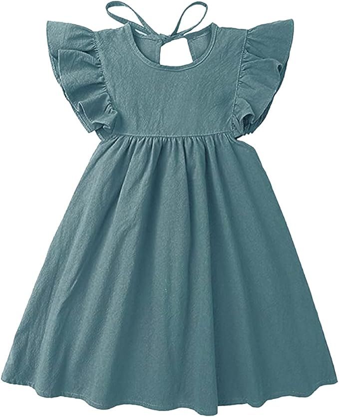 POPOLAR Toddler Baby Girl Summer Dress Cotton Linen Ruffle Sleeveless Button-Down Kids Casual Bea... | Amazon (US)