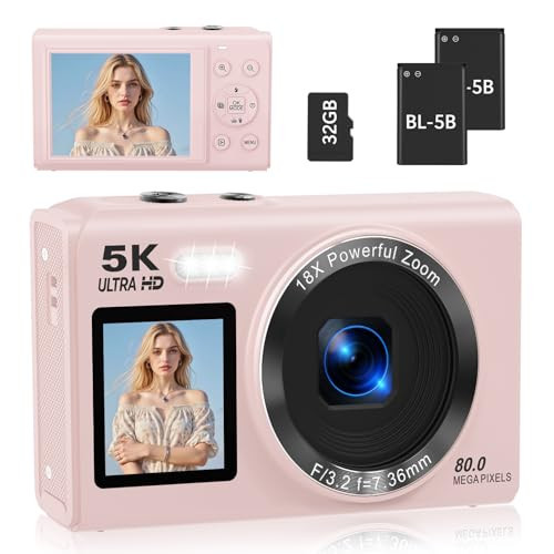 Dual Screen 5K Digital Camera for Vlogging with Fill Light - 80MP, 16X Zoom, WiFi, YouTube/Blogging, Includes 32GB Card & 2 Batteries (X9-Black) | Amazon (US)