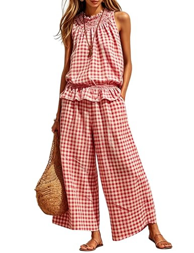 Tanming Women's 2 Piece Set Outfits Gingham Plaid Sleeveless Ruffle Top Wide Leg Pants Summer Cas... | Amazon (US)