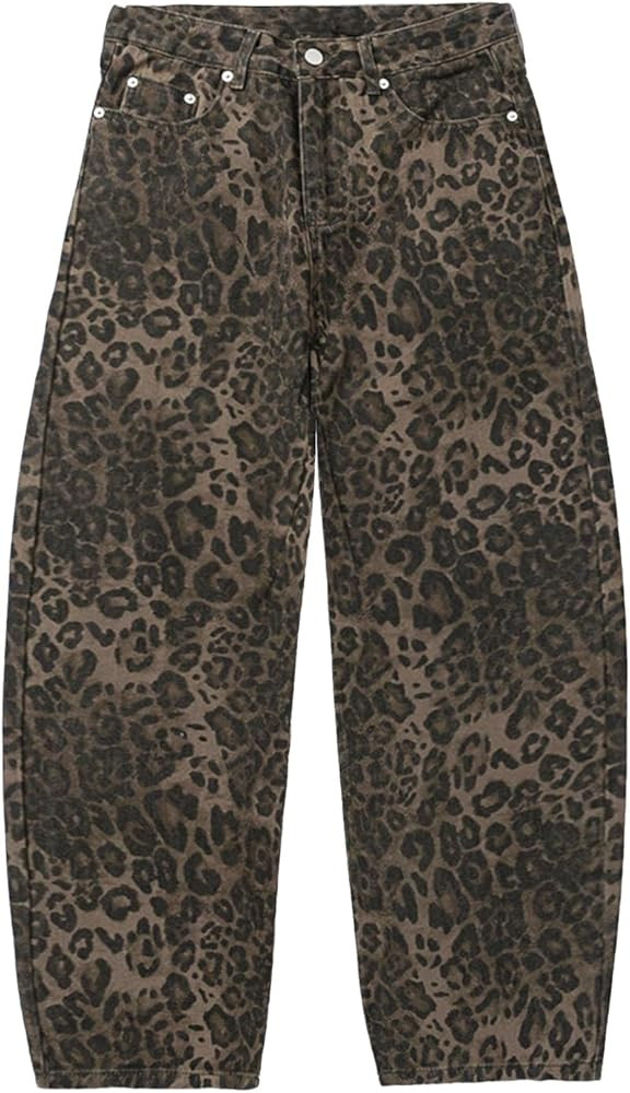 Mid Rise Leopard Print Barrel Jeans for Women Stylish Boyfriend Wide Leg Baggy Denim Pants Trendy... | Amazon (US)