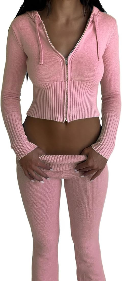 Womens Knit 2 Piece Outfits Long Sleeve Crop Zip Up Hoodie Y2k High Waist Skinny Pants Lounge Set... | Amazon (US)