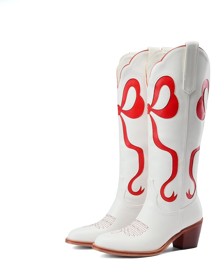 Women's White Cowgirl Boots with Bow Knee High Cowboy Boots Almond Round Toe Chunky Heel Embroide... | Amazon (US)