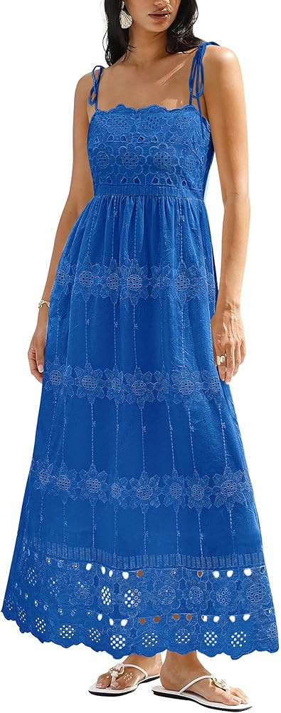 dowerme Womens Summer Maxi Dresses 2026 Casual Spaghetti Strap Smocked Eyelet Cotton Dress Long B... | Amazon (US)