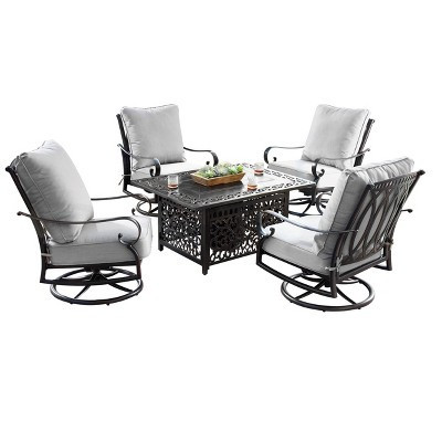 5pc Set with 48" Rectangular Outdoor Aluminum Fire Table & Four Swivel Rocking Chairs & Wind Blocker Lid - Oakland Living | Target