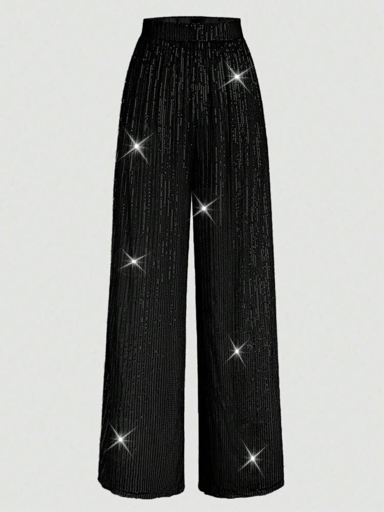 SHEIN Privé Plus Size Women's Sparkly Sequins High Waist Elastic Waist Wide Leg Elegant Party Pa... | SHEIN