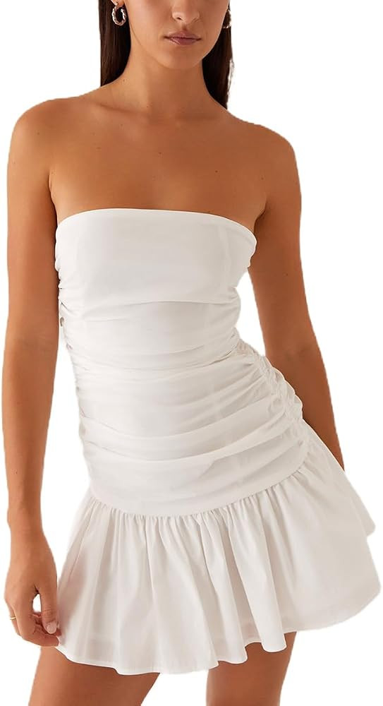Tempura Women Strapless Tube Mini Dress Off The Shoulder Sleeveless Ruffled Short Dresses Ruched ... | Amazon (US)