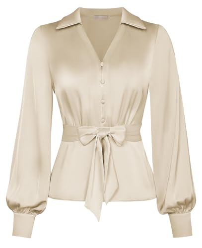 Belle Poque Women's Dressy Satin Blouse Lapel V Neck Shirts Blouse Professional Office Work Tops Champagne XL | Amazon (US)