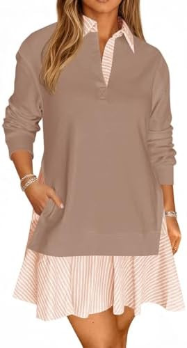 Wenrine Womens Oversized Sweatshirt Dress Casual Long Sleeve Collared V Neck Patchwork Loose Mini... | Amazon (US)