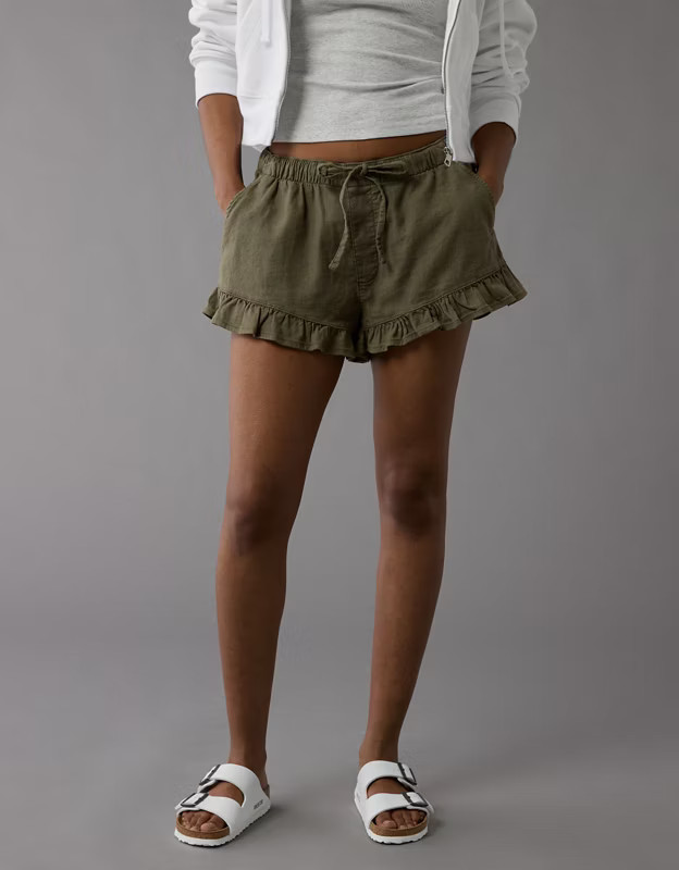 AE Stretch Linen-Blend Ruffle Short | American Eagle Outfitters (US & CA)