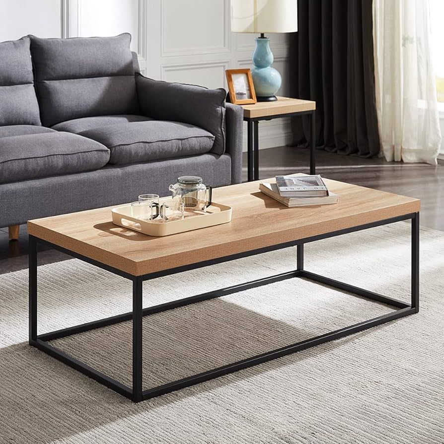 CENSI Natural Oak Living Room 47" Modern Industrial Rectangular Wood and Metal Coffee Table(Light... | Amazon (US)