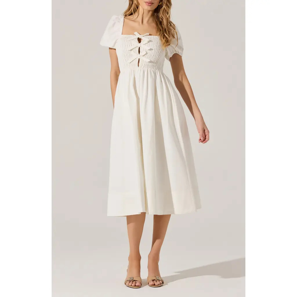ASTR the Label Bow Detail Smock Bodice Cotton Blend Dress in White at Nordstrom Rack, Size X-Small | Nordstrom Rack