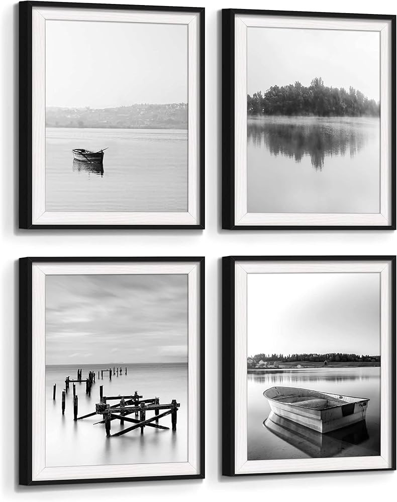 Lake Landscape Framed Wall Art: Modern Nature Boats Picture Print 4 Piece Vertical Pier Scene Pai... | Amazon (US)