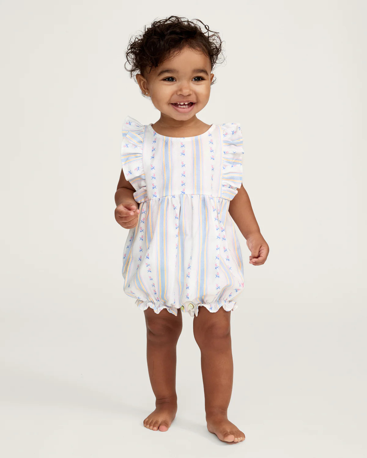 Baby's Twill Ruffled Romper in Cottage Stripe | Petite Plume