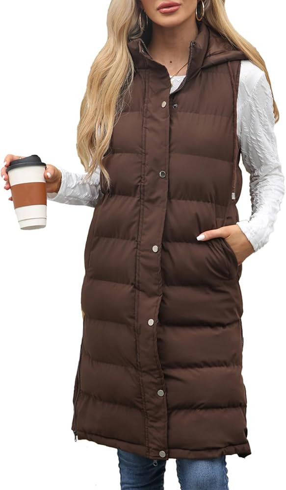 Womens Long Puffer Vest Sleeveless Hooded Winter Outwear Gilet Quilted Button Down Zip Up Vests W... | Amazon (US)