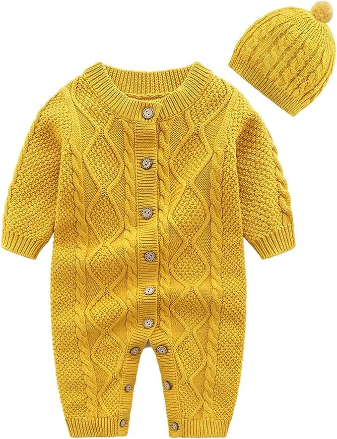 JunNeng Baby Newborn Cotton Knitted Sweater Romper Longsleeve Outfit with Warm Hat Set | Amazon (US)