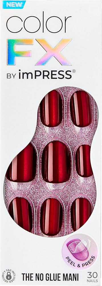 KISS imPRESS No Glue Mani Press-On Nails, Color FX, 'Hidden Gem', Red, Short Size, Oval Shape, In... | Amazon (US)