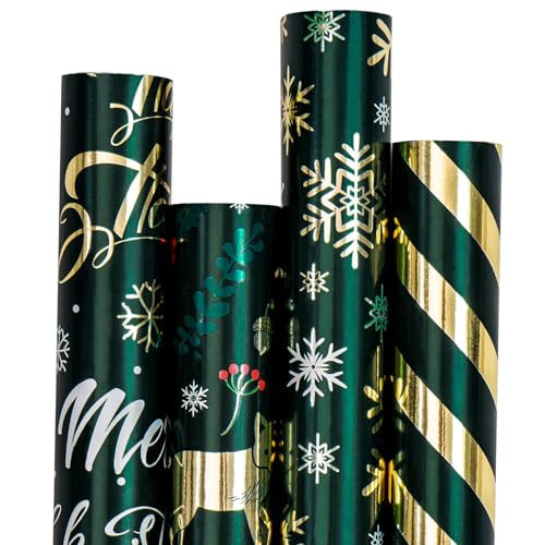 RUSPEPA Christmas Wrapping Paper - Dark Green Snowflake, Animals, Stripe and “Merry Christmas” Design - 4 Rolls - 30 Inches x 10 Feet Per Roll | Amazon (US)